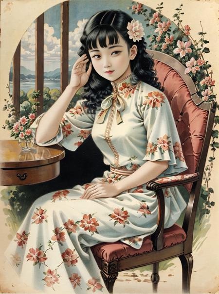 (masterpiece,best quality),vintage poster,
1girl,holding flower, floral print, traditional media, bangs, sitting, chair, looking at viewer, (beautiful detailed face), (beautiful detailed eyes), <lora:rugu_v3:1>