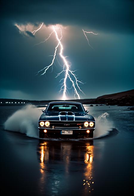 cinematic film still <lora:CHV CLIP-Muscle Cars:1>,Cornelisz Hendriksz Vroom,muscle cars,classic car,<lora:Metroplex-Streets:1>,street,photography,<lora:Abstract Concept-water-000004:0.4>,water concept art,water,standing on water,fantasy,waves,lightning,outdoors,humans,cloudy,background,scenery, . shallow depth of field, vignette, highly detailed, high budget, bokeh, cinemascope, moody, epic, gorgeous, film grain, grainy