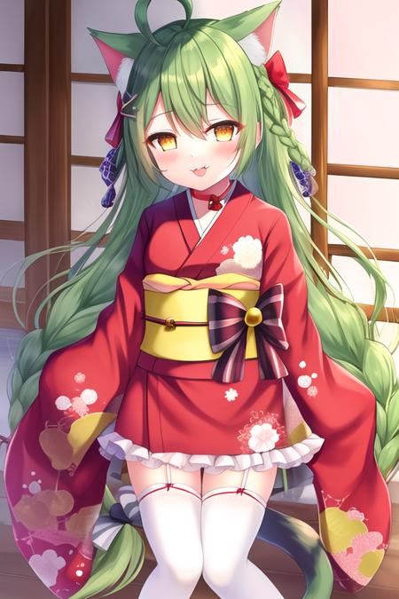 masterpiece, best quality, highres, solo, {akashi_azurlane:1.10}, animal_ears, cat_ears, green_hair, long_hair, ahoge, yellow_eyes, hair_between_eyes, bow, very_long_hair, bell, hair_ornament, blush, bangs, :3, mole, hair_bow, mole_under_eye, smile, 1girl, hair_bell, japanese_clothes, kimono, looking_at_viewer, red_kimono, sleeves_past_wrists, wide_sleeves, frills, jingle_bell, sleeves_past_fingers, braid, frilled_sleeves, long_sleeves, obi, sash, open_mouth, short_kimono, thighhighs, white_thighhighs, alternate_costume, red_bow, ribbon-trimmed_legwear, ribbon_trim, striped