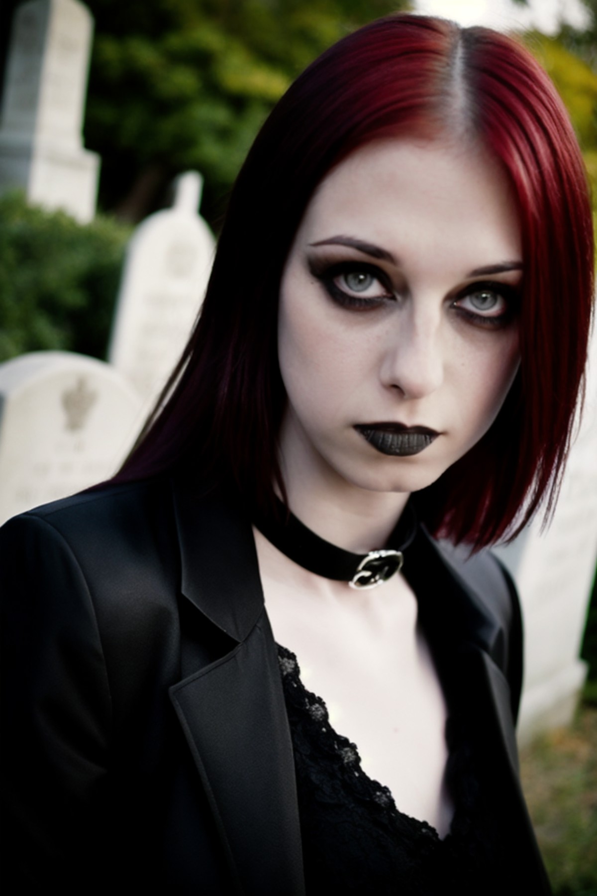 a RAW photo, portrait of lizvicious, wearing gothic black dress, cemetery <lora:LizVicious:1>