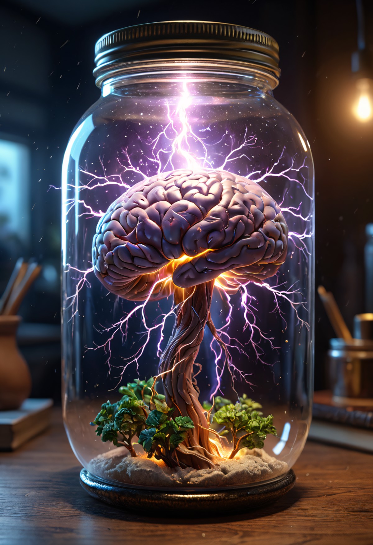 retro-futuristic (lightning storm), a human brain growing in a glass jar in a workshop, jar full of a dull transluscent li...