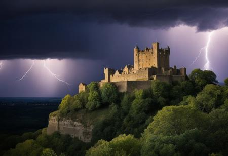 photograph surrounded by trees at the bottom and leaves at the top in the foreground, in the background in the center old castle on a cliff and stormy sky with lightning