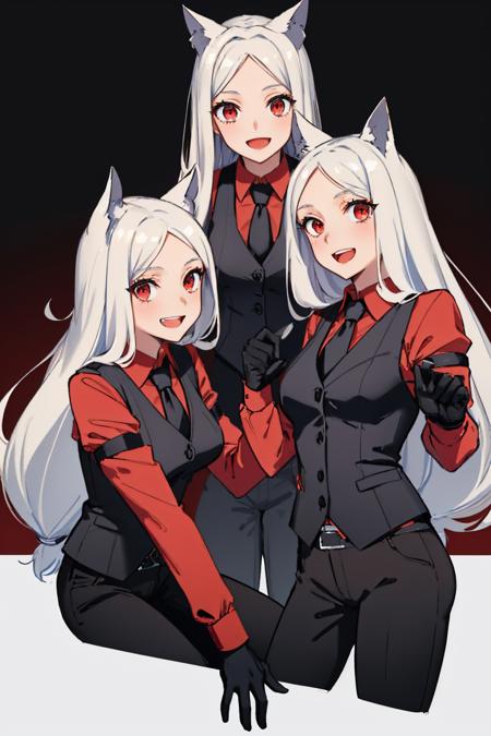 (masterpiece, best quality:1.2), 3girls, htcerberus, happy, smile, open mouth, looking at viewer, waistcoat, red shirt, black necktie, arm garter, black vest, black gloves, black pants <lora:helltaker_cerberus:1.0>