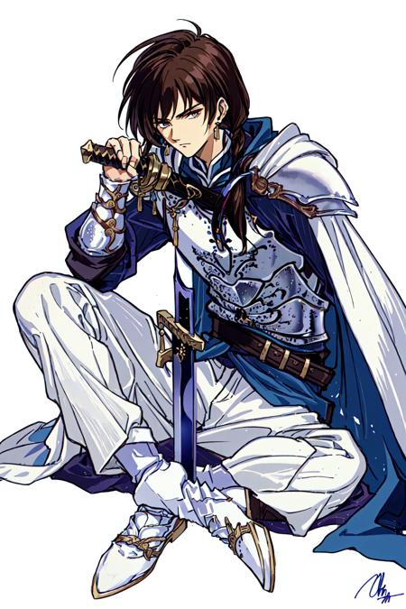 Arislan Retro Style,  solo,  long hair,  simple background,  brown hair,  long sleeves,  1boy,  white background,  holding,  sitting,  full body,  weapon,  male focus,  earrings,  pants,  sword,  signature,  cape,  holding weapon,  armor,  holding sword,  white footwear,  sheath,  hair over shoulder,  sheathed,  scabbard,  white cape, <lora:EMS-48057-EMS:0.800000>