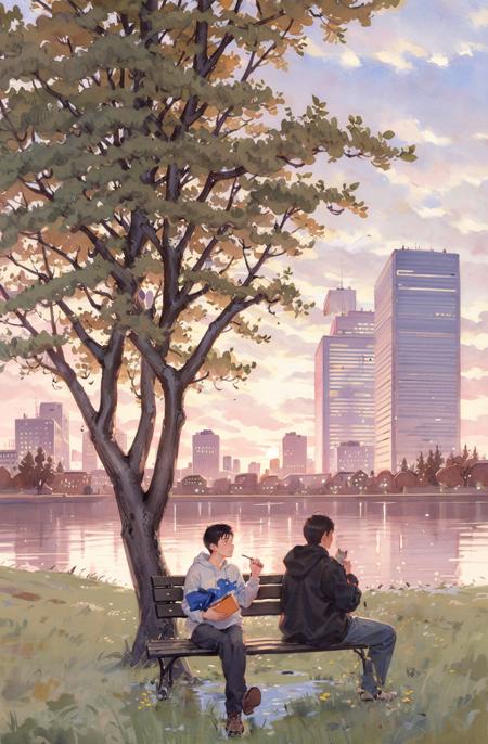 tree, building, sitting, outdoors, cat, sky, cloud, grass, black hair, 1boy, scenery, traditional media, hood, sunset, city, painting (medium), bench, watercolor (medium)ï¼sky, best quality  <lora:watercolor imagerya:0.7>