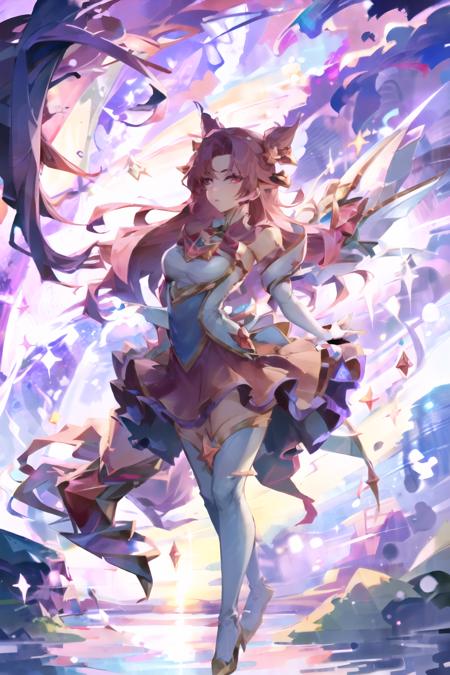 kaisasg, 1girl, star guardian (league of legends), long hair, solo, wings, skirt, gloves, white gloves, elbow gloves, bare shoulders, bangs, magical girl, purple skirt, pink hair, very long hair, magic, red hair, purple eyes, horns, moon, sky, star (symbol), hair ornament