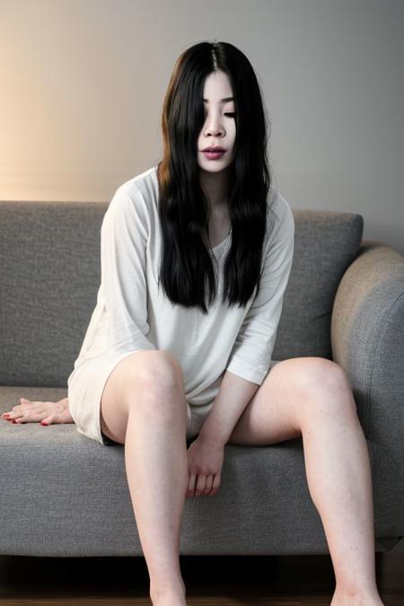 UHD, 4k, RAW Photo, ultra detailed, Sadako, long black hair, (hair over eyes), pale skin, White dress, long sleeves, dirty clothes, sitting on a couch, indoor, ((night, cinematic lighting))