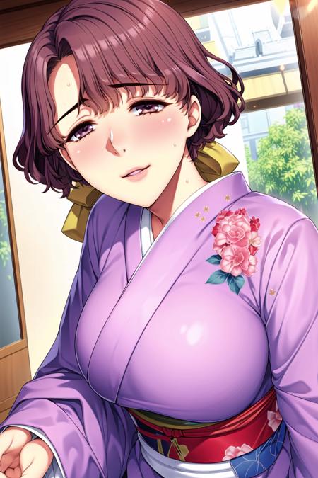 east asian architecture,
yukata, purple kimono  with a flowered design on it,,japanese clothes,
<lora:Reiko_Shingyouji_Doukyuusei-KK77-V1:0.7>,
brown hair,low ponytail,ribbon,bangs,brown eyes,
<lora:Mariana_Luciano_NON_VIRGIN-KK77-V1:0.3>,<lora:more_details:0.1>,
1 girl, 20yo,Young female,Beautiful Finger,Beautiful long legs,Beautiful body,Beautiful Nose,Beautiful character design, perfect eyes, perfect face,expressive eyes,perfect balance,
looking at viewer,(Focus on her face),closed mouth, (innocent_big_eyes:1.0),Light_Smile,
official art,extremely detailed CG unity 8k wallpaper, perfect lighting,Colorful, Bright_Front_face_Lighting,shiny skin, 
(masterpiece:1.0),(best_quality:1.0), ultra high res,4K,ultra-detailed,
photography, 8K, HDR, highres, absurdres:1.2, Kodak portra 400, film grain, blurry background, bokeh:1.2, lens flare, (vibrant_color:1.2),professional photograph, 
(Beautiful,large_Breasts:1.4), (beautiful_face:1.5),(narrow_waist),