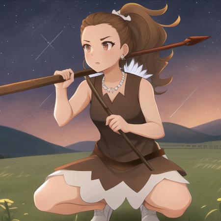 Zazzalil, full body, "sleeveless brown dress", bare arms, forehead, v eyebrows, <lora:Zazzalil-04:1>, holding spear, field, night, squatting, sweat