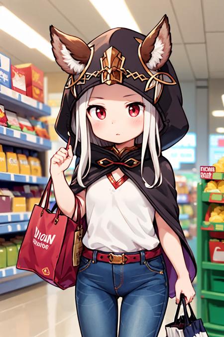 scathacha sideless outfit, black skirt, vambraces ears through headwear, hooded cloak hood down,cloak