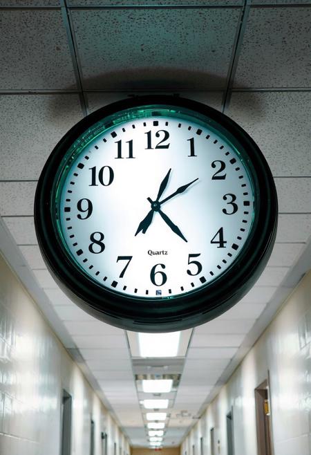 JNANX,luminous white silhouette,cyan glow,emerald highlights,flickering outline,dreamlike movement,
A detailed mixed-media collage. This image captures a large, round, black-framed clock mounted on a white wall in what appears to be a school or office hallway. The clock face itself is white with clear black numbers from 1 to 12. Interestingly, the hour and minute hands are completely missing, indicating the clock is non-functional or broken. The "Quartz" label is visible towards the bottom of the clock face. The perspective is slightly upward, showing a typical drop-ceiling with square panels and fluorescent lighting fixtures. The lighting is bright, illuminating the clean, unadorned wall and ceiling. The overall impression is one of a forgotten or neglected piece of equipment in an otherwise ordinary, utilitarian institutional setting.