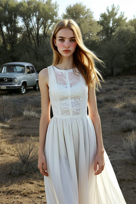 HannaLortki, ((22 years old)), Parisienne dress, feminine pose, well-lit wooden structure, abandoned Wild West ghost town, late afternoon, colorful red orange yellow light, very emotional camera angle, medium format camera, in the style of (Life Magazine)