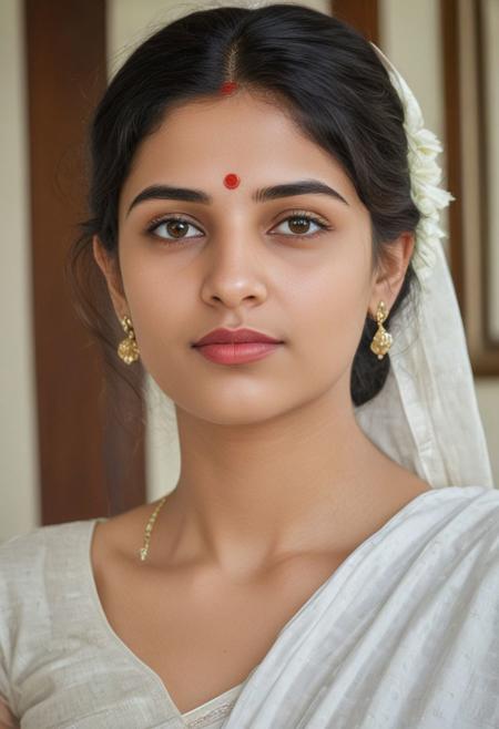 woman beautiful dark haired woman, kerala state white saree, tilak on head, red lipstick