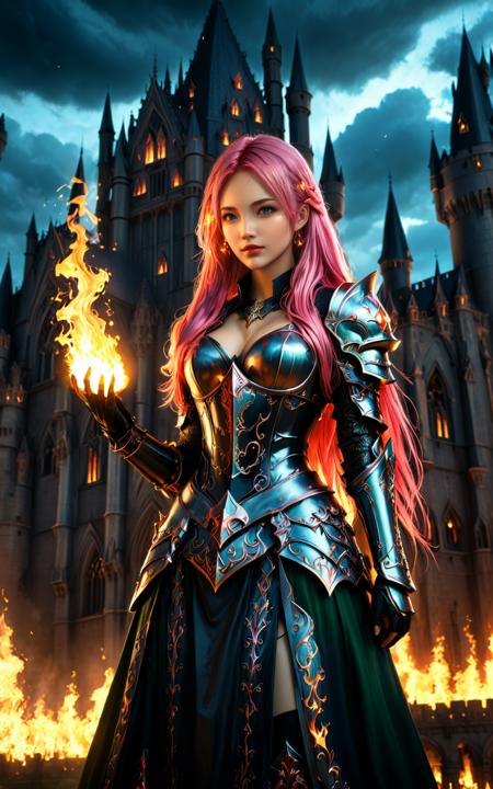 upper_body,A pitch-black night,yuukananri,1girl with long pink hair,green eyes,a female mage in an armored skirt,standing before a massive gothic castle,(her hands glowing with bright flames),surrounded by floating fireballs,gothic architecture,dark fantasy atmosphere,glowing firelight illuminating the surroundings,intense shadows,powerful stance,dramatic lighting,highly detailed armor,fiery magic,dark clouds looming in the sky,intricate castle details,night sky full of stars,mysterious and ominous mood,fire reflecting off the armor,glowing eyes,cinematic composition,(masterpiece:2),best quality,ultra highres,original,extremely detailed,perfect lighting,
Cinematic Lighting,<lora:detailed_notrigger:1>,<lora:xl_more_art-full_v1:0.8>,<lora:MJ52_v2.0:0.5>,<lora:yuukananri-base-01-XL:0.6>,