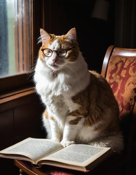 obese Turkish Angora brown and white cat with short paws and (small head:1.2) sitting on a chair and reading a book,(wearing glasses:1.25),dark,dimly lit,at evening,window,sunray entering the room,moody,chiaroscuro