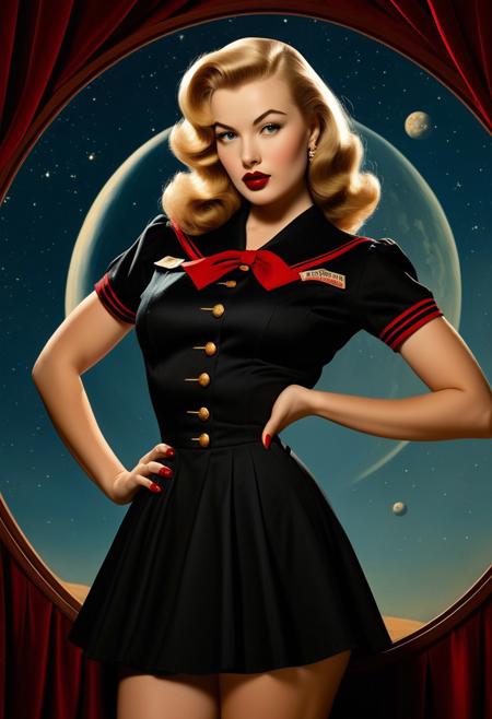 pinup woman with luxuriant, cascading hair dressed in a retro science fiction uniform minidress with pleated skirt, bold crimson lips and piercing eyes, posing in a vintage pin-up style, alluring expression accentuated with chiaroscuro lighting and deep, velvety shadows, breathtaking celestial science fiction space background, hourglass-figured evoking the timeless glamour of Gil Elvgren's and Olivia De Berardinis' with a warm, nostalgic color palette, reminiscent of classic Hollywood's golden era, in a meticulously detailed, photorealistic style, with intricate textures, subtle skin tones, and a hint of soft focus, blending the elegance of Andrew Wyeth's realism with Alberto Vargas's pin-up art.