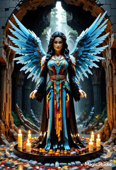 masterpiece, best quality, amazing quality, very aesthetic, realistic, fisheye lens:0.7,  (depth of field), LEGO, LEGO stalactites, 
Dark room, candles, cave walls made of crystal and translucent LEGO, scenery made of roots and LEGO, fantasy \(theme\), front view, 
Statue of winged woman, visible face,  made of LEGO, dynamic pose,
open arms, arched back, open hands, bent wings made of LEGO plumes, ((long floating robe)), (((sfw))), one foot behind,
(no people in the background),