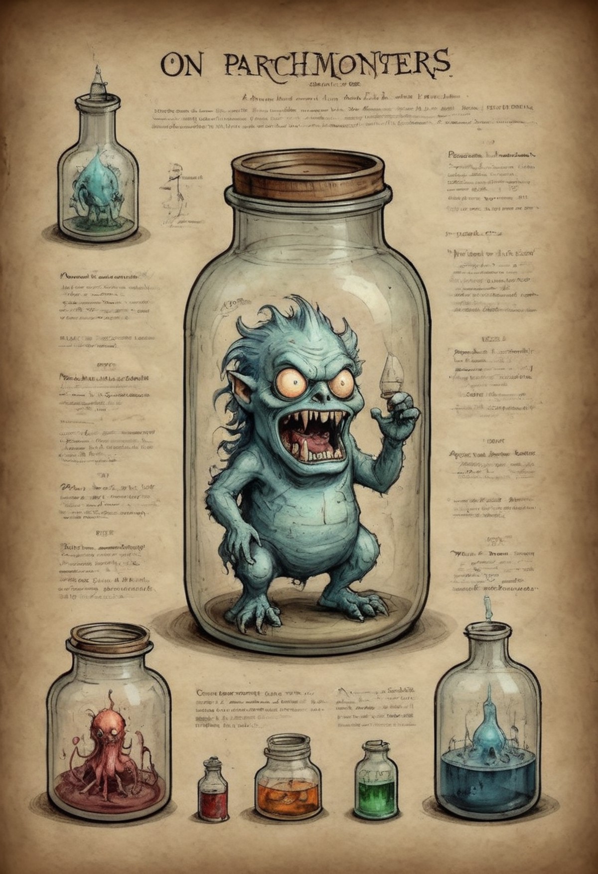 on parchment monsters in a jar in the dark laboratory of a human mad scientist from 1955