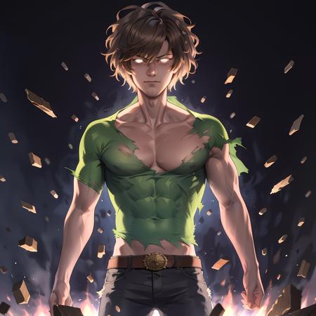 ((masterpiece, best quality)),(complex light), 1boy, solo, shaggy rogers, muscular, torn shirt, glowing eyes ,debris background ,<lora:shaggy1-10:0.6>,simple background,