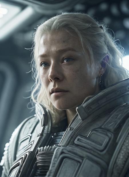 close up photo of sks woman, rugged space trucker, inside industrial spaceship, futuristic science fiction, action scene, digital concept art, realistic, intricate detailed textures, filmic, cinematic, environmental character portrait, <lora:locon_emmadarcy_v1_from_v1_64_32:1.25>