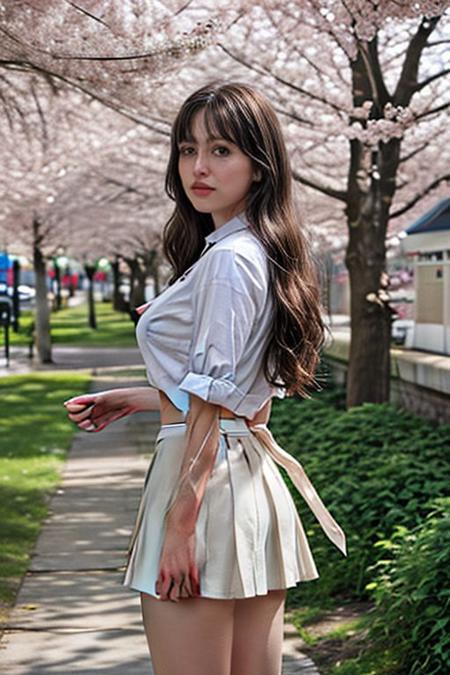 one pretty girl, solo, supermodel, pale skin, long wavy hair, blunt bangs, make up, parted lips, big tits, school uniform, white shirt, pleated skirt, looking at viewer, a blooming cherry blossom grove, with delicate pink petals floating in the breeze, soft lighting, film grain, upper body, epiCPhoto, <lora:pytorch_lora_weights:0.5>, <lora:breastsizeslideroffset:0.1>, <lora:picxer_real:0.7>, <lora:FilmVelvia3:0.3>, <lora:more_details:0.6>