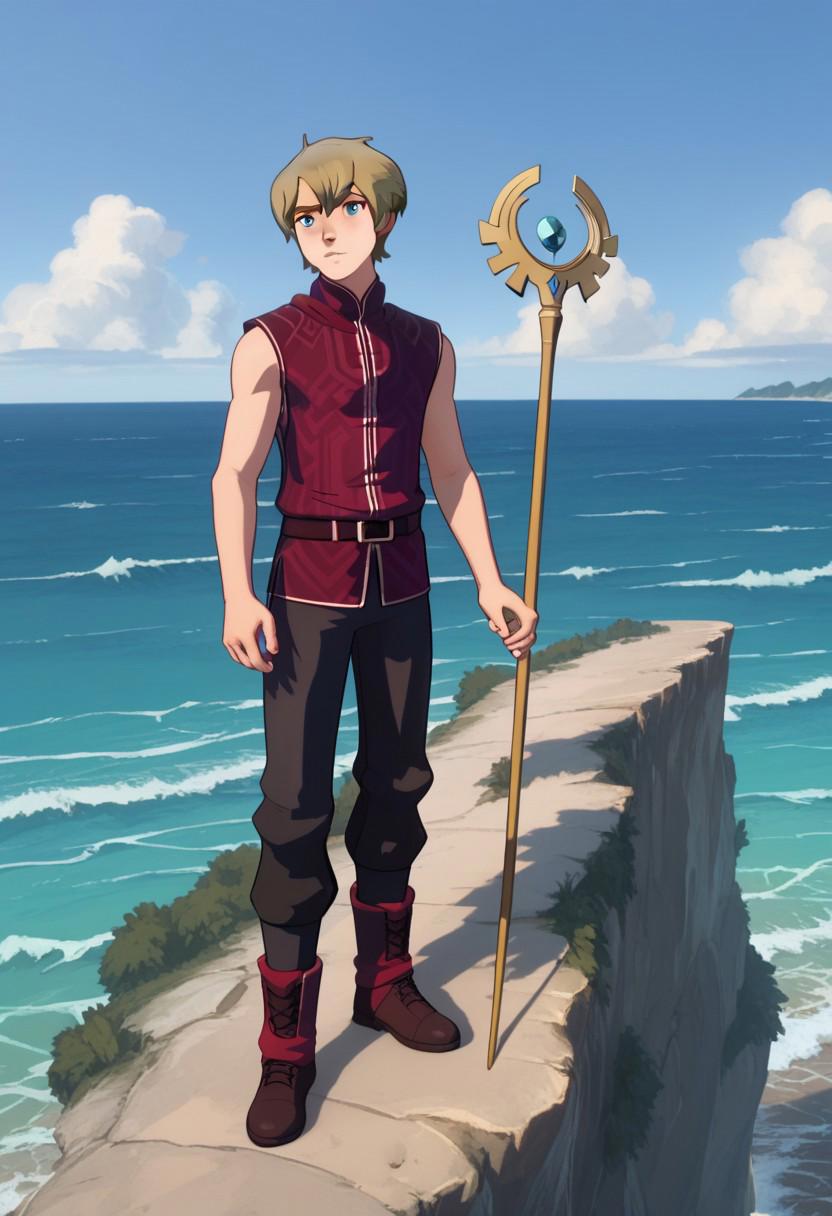 Score_9, Score_8, Score_7, TDPStyle, TeCal, Blond Hair, Messy Hair, Medium Hair, Sleeveless Vest, Red Vest, Blue Eyes, standing on cliff edge, cowboy shot, Ocean, Golden Trident