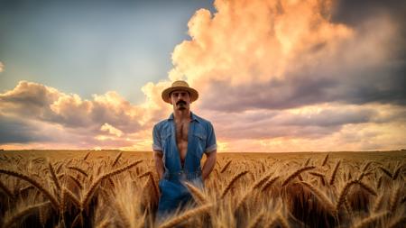 masterpiece, best quality, highres, realistic, a barechest homoerotic man standing in a field of wheat, 1boy, male focus, solo, straw hat, overalls, outdoors, naked overalls, realistic, sky, mustache, cloud, field, day, looking at viewer, cloudy sky, standing, grass, blue sky, brown hair, twink