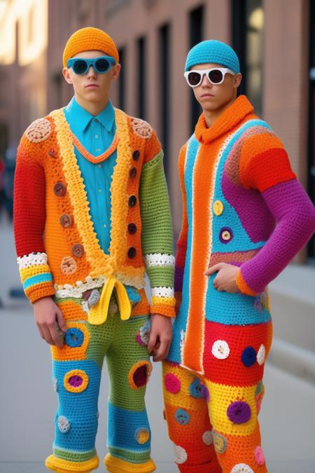 <lora:CROCHETED:1>CROCHETED - frat boys wearing crochet outfits, full body, crochet shoes, crochet onesie, high fashion, vibrant colors, street photography, fashion photography, detailed, magazine photography, with vibrant colors and exquisite details, Canon EOS 5D Mark IV, 24-70mm lens, f/4, ISO 200, 1/100, textures and details, warm lighting, high-end fashion, college setting