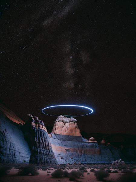 <lora:ReubenWu:1>light ring around a large rock formation in the middle of a desert at night