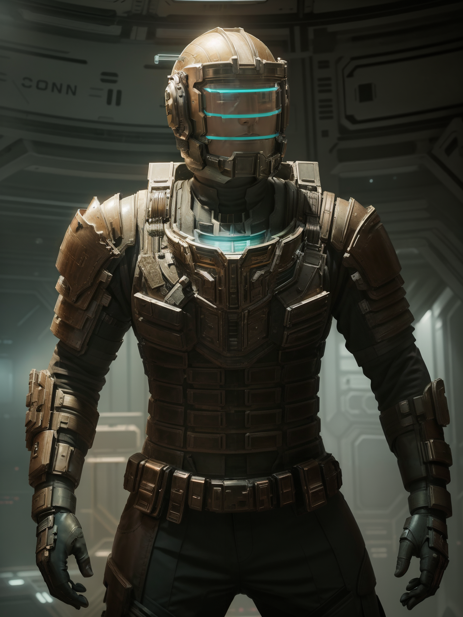 close up of man wearing engineeringsuit standing in a space station, shiny armor, realistic metarials, dramatic lighting, ...