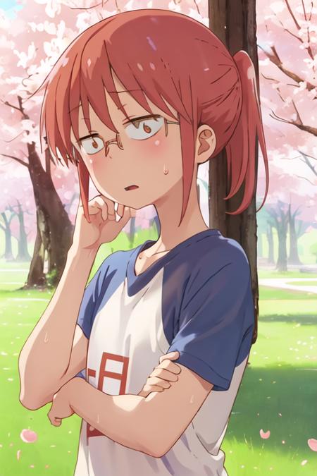 best quality, masterpiece, highres, solo, {kobayashi_kobayashisanchinomaidragon:1.15}, glasses, red_hair, blush, ponytail, bangs, closed_mouth, brown_eyes, 1girl, hair_between_eyes, outdoors, shirt, sweat, day, open_mouth, grass, looking_at_viewer, sweatdrop, short_sleeves, cherry_blossoms, tree, upper_body, white_shirt