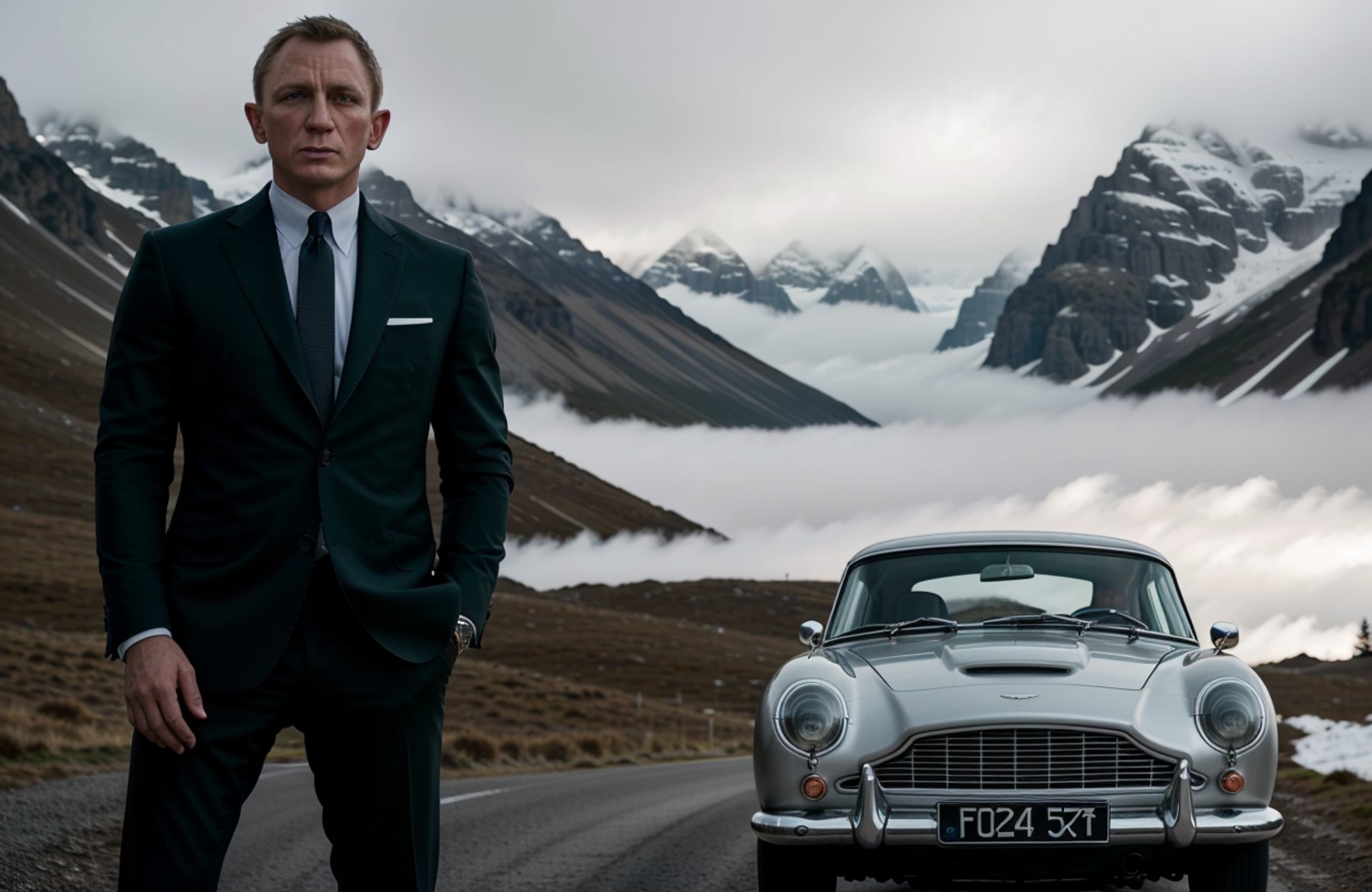 award winning (portrait photo:1.4) of a handsome man, 007danielcraig, dressed in a white suit, standing beside a silver As...