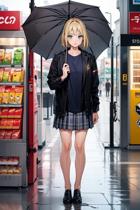 masterpiece, best quality, woman, full body, blonde hair, wearing  jacket, wearing pleated skirt, standing, in front of convenience store, hand holding umbrella, rain, water drop, <lora:rainydays:0.6>