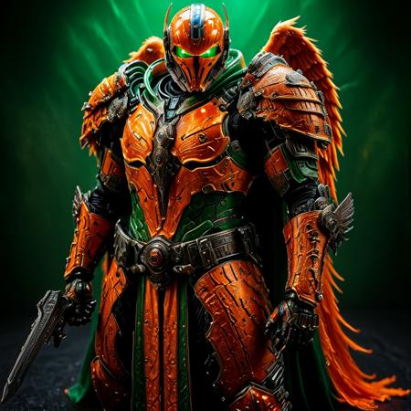 (Anime cyberpunk style) depiction of An Avenging Archangel, (highly detailed) features intricate Orange and Blue Warhammer armor with RED LED glowing accents amidst a dark background, creating a striking contrast. The ambiance is intense and dramatic, infused with neon colors of blues and greens, highlighting his powerful presence and evoking wonder and awe. (HD), ultra-detailed, captivating composition.