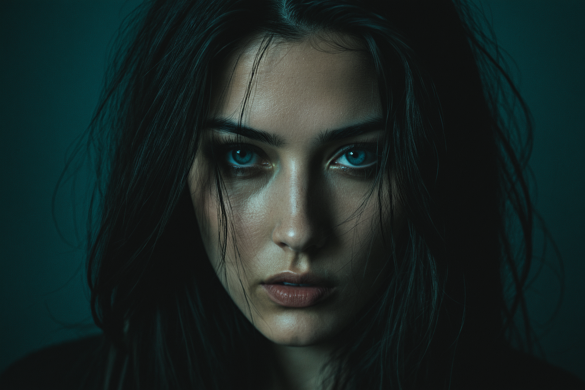 (masterpiece Photography by Alessio Albi:1.2), portrait of a mysterious woman,photography masterpiece, modern, irresistible beauty, dark hair, blue eyes, misterious, emotional, intense gaze to viewer, fuzzy lighting, unusual composition, use of negative space, (golden rule composition), simmetry , fine erotic content, groundbreaking unrivaled opus with unrivaled details, (tealblue and silvergray colors:0.8), misterious woman photo portrait , highly detailed, melancholic, hyper detailed photography, catchlights, alternative framing,touch-of-grain, film grain, grainy texture