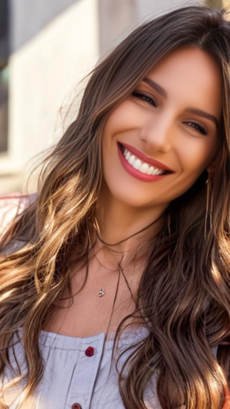 portrait of woman (pampita:1) smiling, in the street, high detailed face, 4k, 8k, <lora:pampita:1>