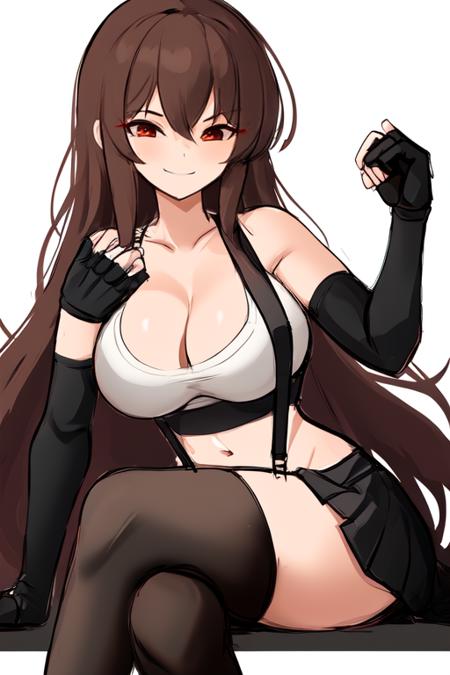 rakeemspoon__lora_BY_MAKIMARK, 1girl, solo, long hair, looking at viewer, smile, skirt, large breasts, simple background, brown hair, red eyes, thighhighs, gloves, white background, cleavage, brown eyes, sitting, thighs, black gloves, elbow gloves, midriff, black thighhighs, fingerless gloves, black skirt, sketch, crop top, suspenders, crossed legs, tank top,<lora:rakeemspoon__lora_BY_MAKIMARK-1:0.600000>