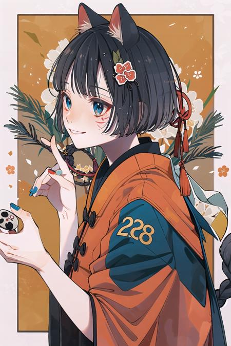 KoiKoi, 1girl, animal ears, solo, tail, flower, black hair, blue eyes, looking at viewer, shimenawa, smile, hair ornament, bangs, paw pose, rope, blue nails, facial mark, year of the dog, tassel, chinese zodiac, , from side, kouhaku nawa, dog ears, nail polish
<lora:KoiKoi:1>