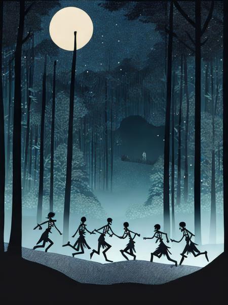 <lora:LotteReiniger:1>a drawing of a group of skeletons running through a forest at night, with people in the background by Lotte Reiniger