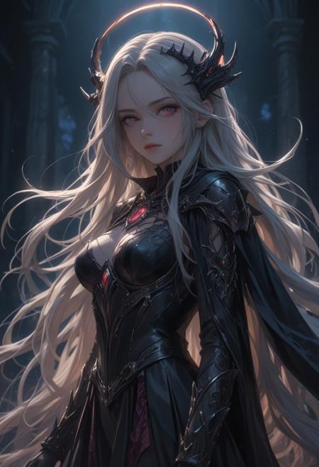 score_9, score_8_up, score_7_up, score_6_up, dynamic, (anime, masterpiece), best quality, (8k), detailed background, sharp focus, intricate, ambient lighting, super high quality, hyper detailed background, cinematic lighting, adult, double tone long hair, medium breasts, verybadimagenegative_v1.3, Nightmare Empress, Dreamweaver Cloak, Eyes of the Abyss, Thorned Eclipses