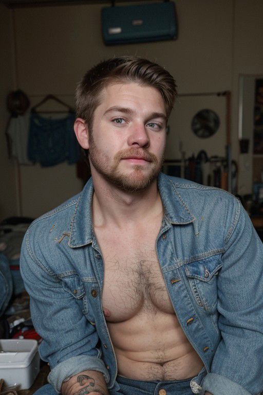 hyper realistic candid photo of a 24yo redneck male, average, (looking at camera:1.3), messy room, analog style, masterpiece, pubic hair, winking, short hair, slightly hairy chest, denim jacket, selfie