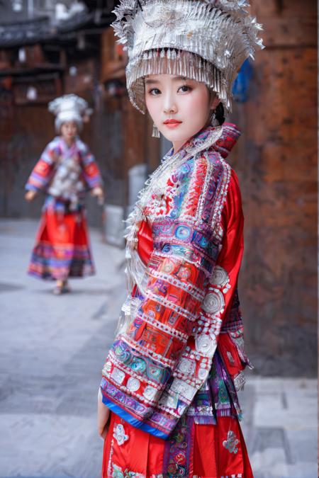 miaozu,Hmong,1girl,blurry background,blurry,dress,solo focus,hat,standing,long sleeves,traditional clothes,looking at viewer,red dress,black hair,brown eyes,korean clothes,depth of field,solo,<lora:XL_miaohong:1>,(,upper body:1.1),