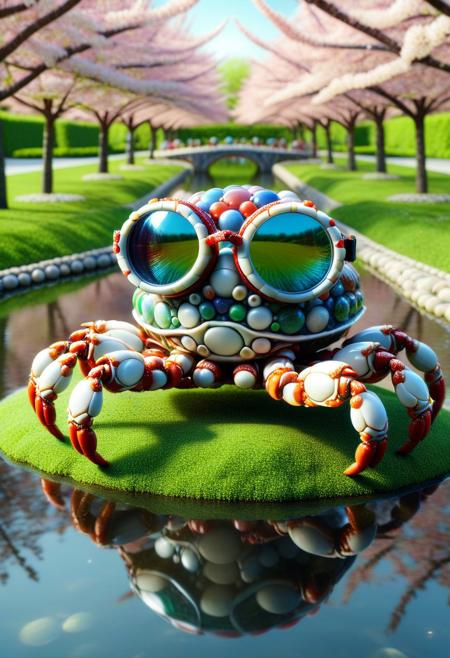 (made of marbles:1.3) cute small crab, wear round goggles, in park pond, cherry blossoms, closeup shot, from side, cinematic, cinematic lighting, (masterpiece, best quality:1.4), ultra-high res, 4k, insanely detailed, sfw,