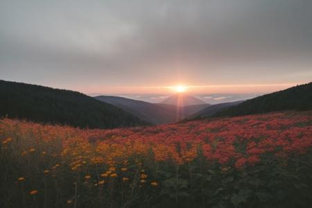 raw photo, a sunset landscape, Carpathian mountains valley temperate forests, Poland forest,  cozy, photorealistic, high detailed texture, 8k uhd, dslr, soft lighting, high quality, film grain, Fujifilm XT3, Sony A7 IV, highly detailed photography, (muted colors, cinematic, dim colors, soothing tones:1.2), vibrant, insanely detailed, hyperdetailed, (dark shot:1.2), (vsco:0.3), (intricate details:0.9), (hdr, hyperdetailed:1.2) (highest coherency: 1.39) (highest quality: 1.39) (rule of Thirds) (award winning) (breathtaking) (masterclass) (vibrant color: 0.79) (foggy: 1.09) (distant hillside) (spring flowers) (sharp focus forground) (detailed flower: 1.39)
