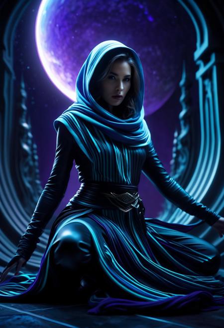 Assasin, A closeup of fantastical image of a assasin false glory, darkness of night fall, Their filled with power and determination, clad in flowing, action pose, flowing scarf, wielding an scarf ornate, scarf ornate, as they wield the scarf n a fluid, sitting squatting pose, hands touch the ground, squatting all four, action pose, from behind view, cyberpunk city, neon city, skindentation, glowing, shiny, scifi, neon lights, intricate artistic color, cinematic light, radiant, vibrant, perfect symmetry, Grayscale, Dramatic spotlight, highly color focused, dynamic motion, very dark, As you close into the depths, the pristine white walls of an elongated Exoplanet base glisten in the moonlight. But as it enters into their exploration, Sultry boudoir photography, Portals ringed with colors extending beyond normal perception ultraviolets so deep they hurt to perceive,by Kuang Hong, Milton Glaser, Vector Art, landscape, Movie still, best quality, hair light, Slow Shutter Speed, Kodak UltraMax 400, Depth of field 270mm, digital art, rich colors