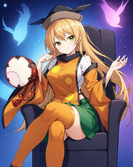 matara okina,1girl, solo, tabard, sitting, drum, hat, looking_at_viewer, black_footwear, smile, medium_breasts, wide_sleeves, green_skirt, long_sleeves, crossed_legs, detached_sleeves, thighs, sideboob, black_headwear, constellation, aura, armpits, feet_out_of_frame, hand_up, chair, white_shirt, knee_boots, closed_mouth
<lora:matara_okina_image1460_2023-12-20-000014:1>,star-shaped_pupils,symbol-shaped_pupils,. gorgeous,key visual, vibrant, studio anime,award-winning, professional, highly detailed,high budget, cinemascope