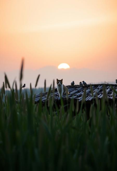 (Soft Lighting Photography by Mimoza Veliu and Mario Giacomelli:1.2), NSFW, A cat in tall grass on  a hut, from below, birds, gradient orange cloud indicating sun setting, lScandinavian Style Palette,
