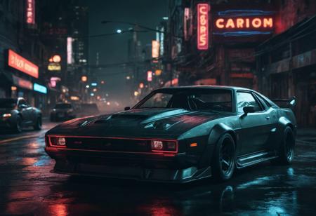 Neon noir <lora:Eddie Mendoza CLIP-000005:1>,car,motor vehicle,ground vehicle,vehicle focus,concept art,need for speed : carbon [6],Eddie Mendoza, . Cyberpunk, dark, rainy streets, neon signs, high contrast, low light, vibrant, highly detailed