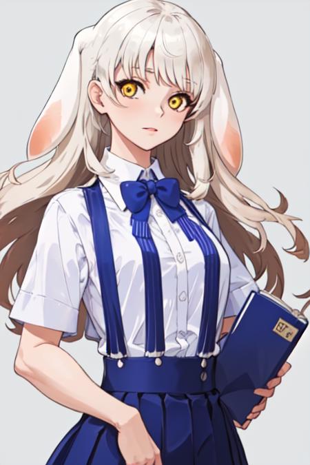 best quality, ultra detailed, beautiful detailed face, perfect anatomy, whole body shot, long white hair, yellow eyes, floppy rabbit ears, short shirt, blue short pleated skirt, suspenders skirt, <lora:radiyu_Streamer:1>, full-length shot