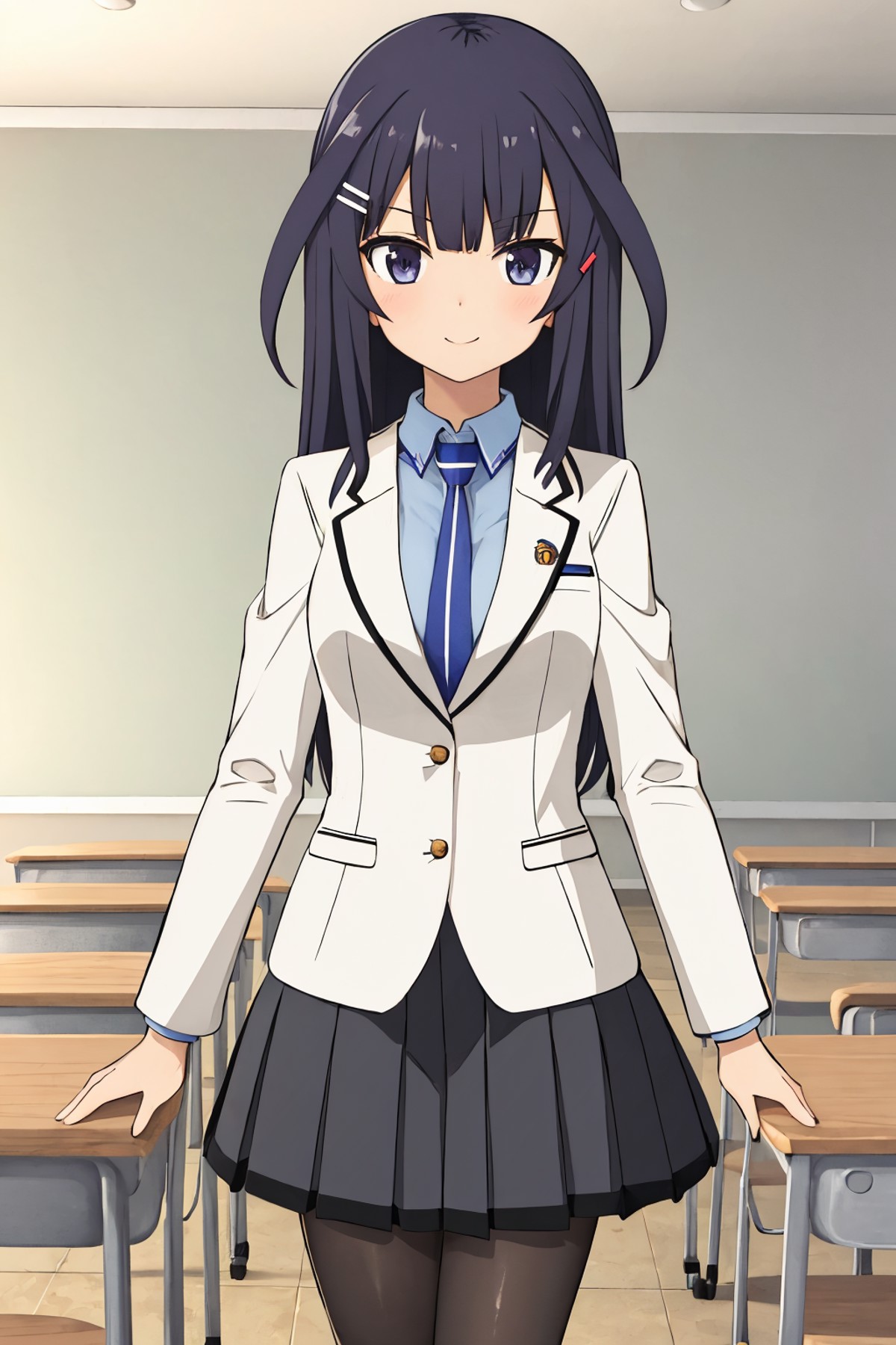 agatsuma kaede, seidaifuzoku school uniform, school uniform, blue shirt, white jacket, pleated skirt, black skirt, black p...